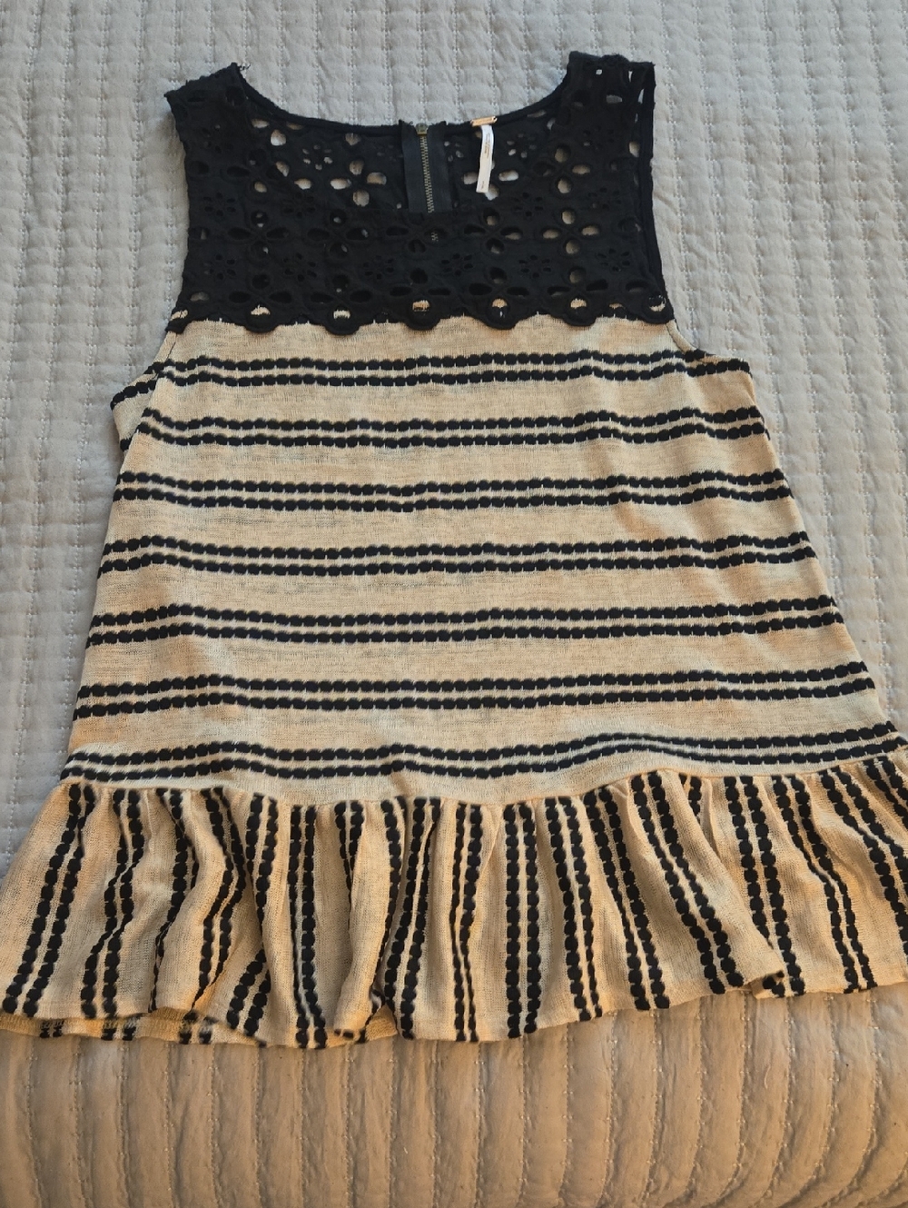 Free People Black & Cream Striped Crochet Yoke Tank